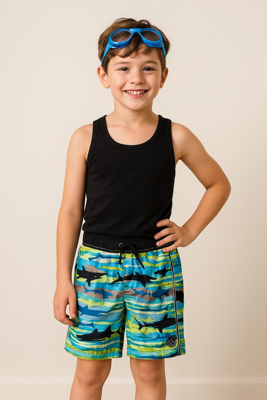 Shark Print Swim Trunks Board Shorts Blue Green ZeroXposur Boys L (7)